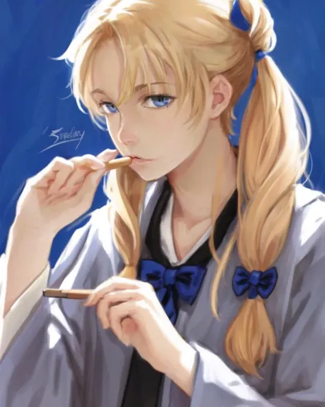 dal, (realistic:1.3), (intricate detail:1.2), 1boy, 1girl, beard, blonde_hair, blue_eyes, bow, drawing_tablet, facial_hair, highres, long_hair, original, pageratta, robe, school_uniform, staff, twintails, dynamic pose, burnt umber theme,