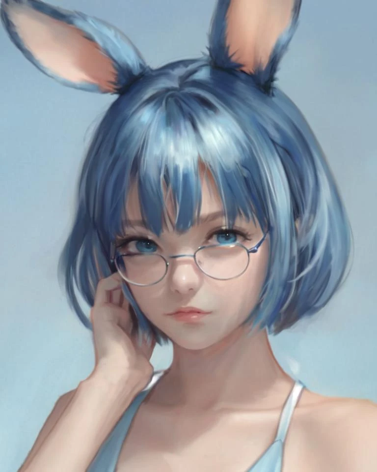 dal, (realistic:1.3), (intricate detail:1.2), 1girl, animal_ears, blue_dress, blue_hair, dress, glasses, rabbit_ears, rabbit_girl, shell_hair_ornament, solo, dynamic pose, tiffany blue theme,