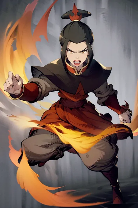 masterpiece, best quality, 1girl, azula, angry, armor, open mouth, lipstick, makeup, looking at viewer, fire, solid gray background <lora:WOTV:1> <lora:Azula:1>