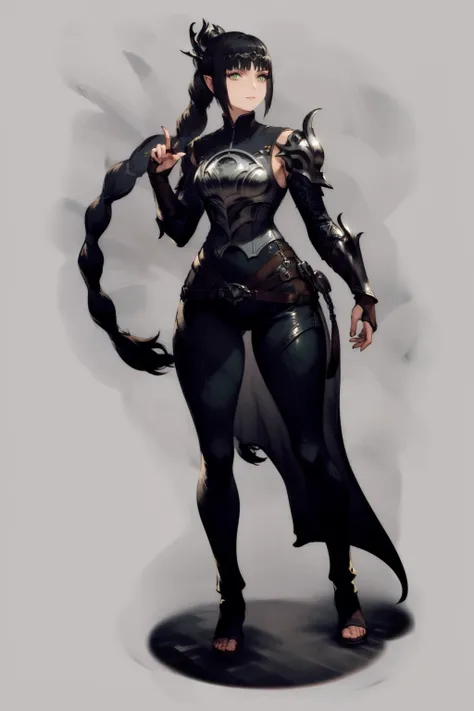 masterpiece, best quality, 1girl, shadowheart, black hair, braided ponytail, green eyes, circlet,  armor, leather pants, full body, looking at viewer, solo, standing, simple background <lora:ShadowHeart:1>  <lora:WOTV:1>