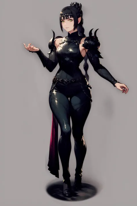 masterpiece, best quality, 1girl, shadowheart, black hair, braided ponytail, green eyes, circlet, armor, leather pants, full body, looking at viewer, solo, standing, simple background <lora:ShadowHeart:1> <lora:WOTV:1>
