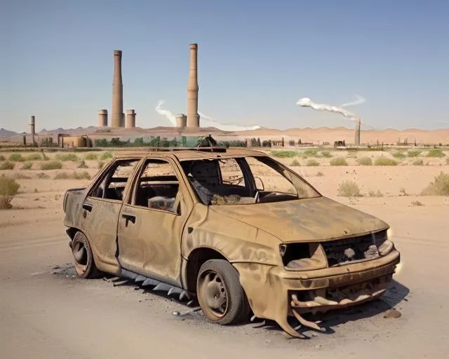 <lora:BurnOutCar1-07:1>,Burntoutcar,cars in a dirt lot,in the desert,industrial smoke stacks in the far distant horizon,dusty,