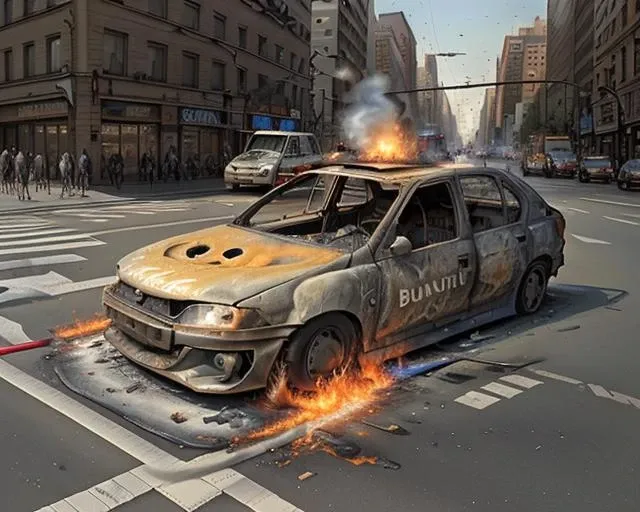 <lora:BurnOutCar1-07:1>,Burntoutcar,car on fire in a busy intersection in the city,