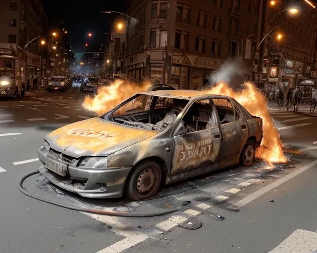 <lora:BurnOutCar1-07:1>,Burntoutcar,car on fire in a busy intersection in the city,