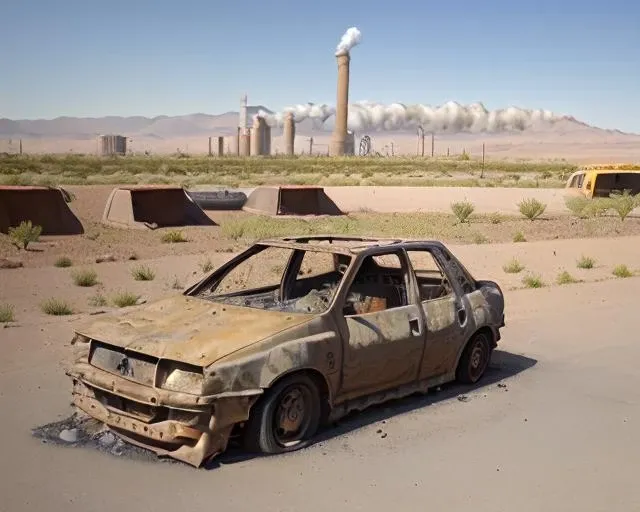 <lora:BurnOutCar1-07:1>,Burntoutcar,cars in a dirt lot,in the desert,industrial smoke stacks in the far distant horizon,dusty,