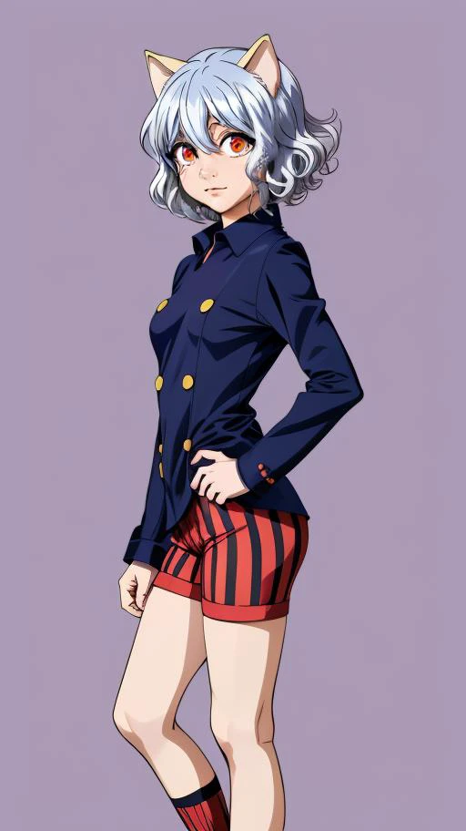 (Anime Style), (Flat Design), Anime, neferpitou1, cat ears, (cat tail:0.6), solo, short hair, red eyes, long sleeves, hair between eyes, :3, curly hair, striped, cat girl, buttons, striped shorts, <lora:neferpitou_v1:0.7>, town, leaning forward, hand on hip,