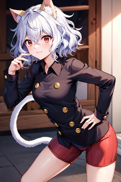 masterpiece, best quality, highres, neferpitou1, cat ears, (cat tail:0.6), solo, short hair, red eyes, long sleeves, hair between eyes, :3, curly hair, striped, cat girl, buttons, striped shorts, <lora:neferpitou_v1:0.6>, town, leaning forward, hand on hip,