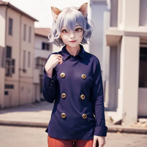 1girl, japanese, teenage, small eyes, masterpiece, best quality, highres, neferpitou1, cat ears, (cat tail:0.6), solo, short hair, red eyes, long sleeves, hair between eyes, :3, curly hair, striped, cat girl, buttons, striped shorts, <lora:neferpitou_v1:0.8>, town, standing, highly detailed face, looking at viewer, light smile,
highly detailed cloth and button,