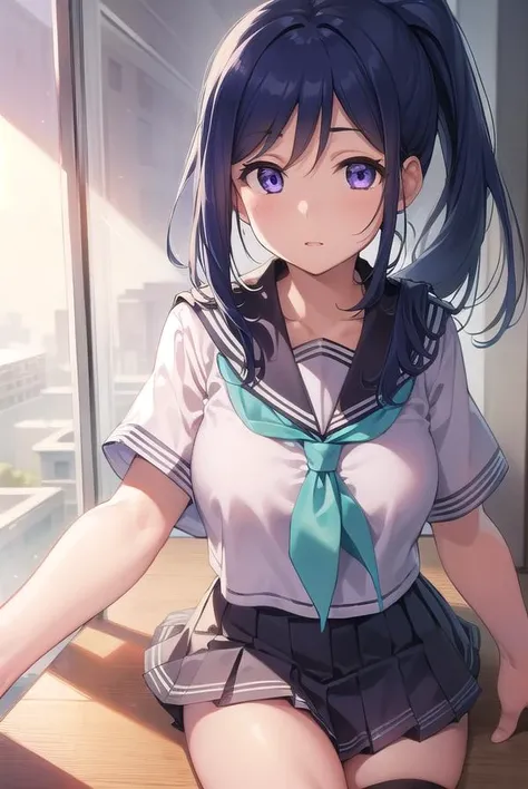 kananmatsuura, <lyco:kananmatsuura-lyco-nochekaiser:1>, 
kanan matsuura, blue hair, long hair, ponytail, (purple eyes:1.1), sidelocks, (medium breast:1.2),
BREAK aqua neckerchief, grey sailor collar, grey skirt, miniskirt, neckerchief, pleated skirt, sailor collar, sailor shirt, school uniform, serafuku, shirt, skirt, summer uniform, uranohoshi school uniform, white shirt,
BREAK looking at viewer, 
BREAK indoors, classroom,
BREAK <lyco:GoodHands-beta2:1>, (masterpiece:1.2), best quality, high resolution, unity 8k wallpaper, (illustration:0.8), (beautiful detailed eyes:1.6), extremely detailed face, perfect lighting, extremely detailed CG, (perfect hands, perfect anatomy),