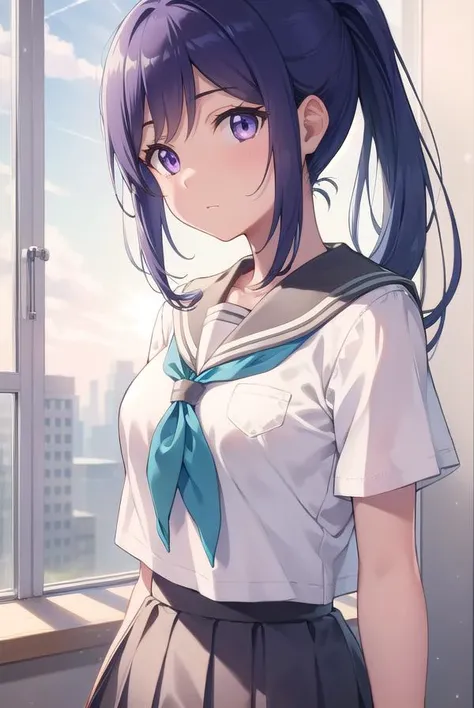 kananmatsuura, <lyco:kananmatsuura-lyco-nochekaiser:1>, 
kanan matsuura, blue hair, long hair, ponytail, (purple eyes:1.1), sidelocks, (medium breast:1.2),
BREAK aqua neckerchief, grey sailor collar, grey skirt, miniskirt, neckerchief, pleated skirt, sailor collar, sailor shirt, school uniform, serafuku, shirt, skirt, summer uniform, uranohoshi school uniform, white shirt,
BREAK looking at viewer, 
BREAK indoors, classroom,
BREAK <lyco:GoodHands-beta2:1>, (masterpiece:1.2), best quality, high resolution, unity 8k wallpaper, (illustration:0.8), (beautiful detailed eyes:1.6), extremely detailed face, perfect lighting, extremely detailed CG, (perfect hands, perfect anatomy),