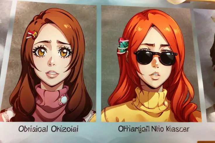 Highly detailed, High Quality, Masterpiece, beautiful, 2gils, english text, <lora:TheCoolerDaniel:1>,
bleach style, inoue orihime, decora, lips, long hair, looking at viewer, multiple hairpins, orange hair, sidelocks, solo, sweater, yellow eyes, yellow sweater, ((masterpiece)) <lora:bleach_style_offset:1>