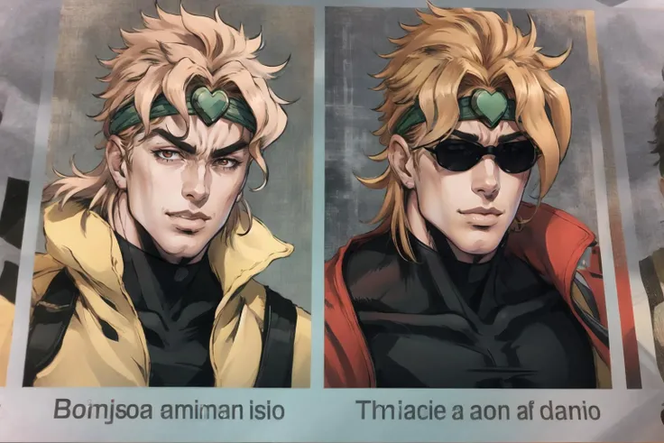 Highly detailed, High Quality, Masterpiece, beautiful, 2boys, english text, <lora:TheCoolerDaniel:1>, dio, jacket, headband, <lora:Char_Sigmas_Dio:0.9>, sunglasses,