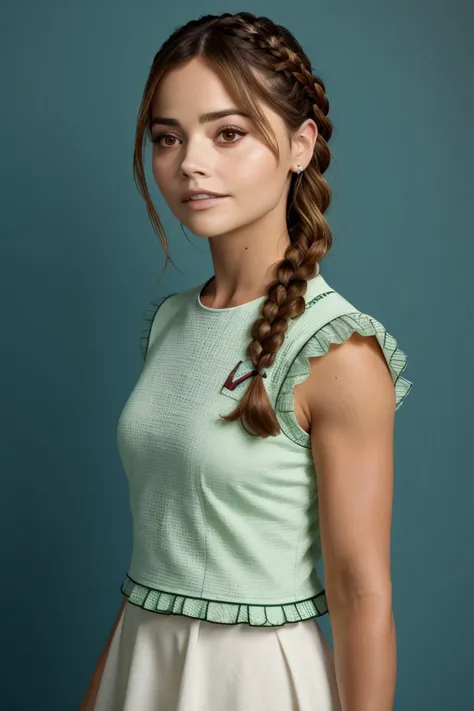 headshot of realistic photo of <lora:sd15_JennaColeman_locon_64_v1-000023:1> JennaColeman, focus on face, wearing a tennis dress <lora:tennis_dress-1.0:0.8> , her hair is styled as dutch braid,