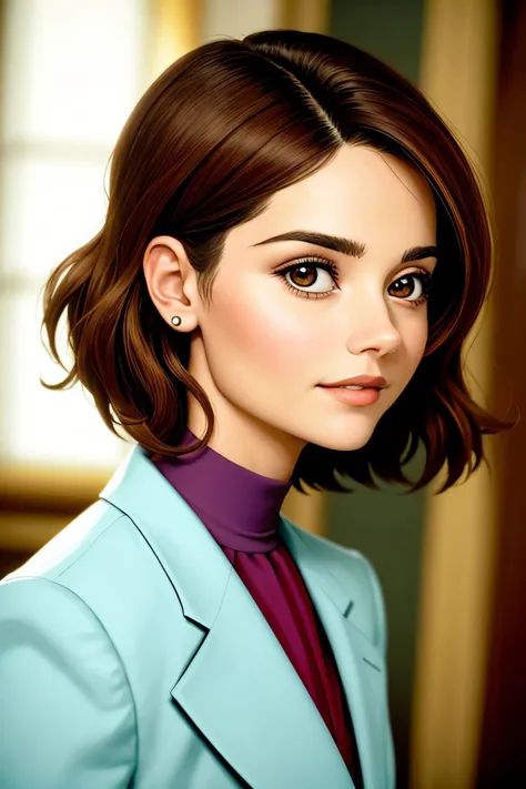 (low angle, closeup on face:1.2) of realistic photo of <lora:sd15_JennaColeman_locon_64_v1-000023:1> JennaColeman, smiling, side view, she is wearing blazer , her hair is styled as asymmetrical hair, BREAK she is (in the study:1.1), direct flash photography, Porta 160 ,vignette,