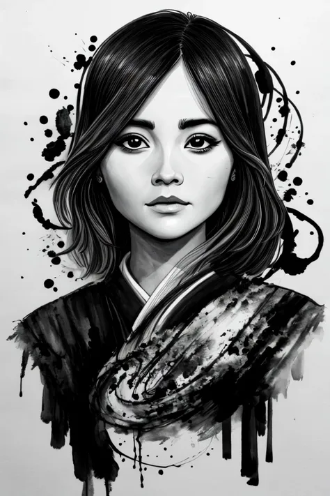 (ink wash painting, monochrome, fluid, Asian art, detailed:1.15), glitch art style portrait of <lora:sd15_JennaColeman_locon_64_v1-000023:1> JennaColeman, face, eyes, arcane symbols