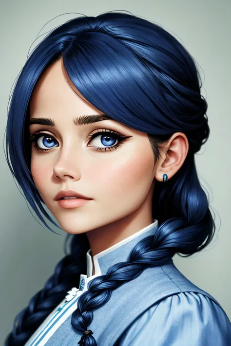 realistic photo of <lora:sd15_JennaColeman_locon_64_v1-000023:1> JennaColeman, focus on eyes, close up on face, bice blue color hair styled as Straight Dutch Braid,