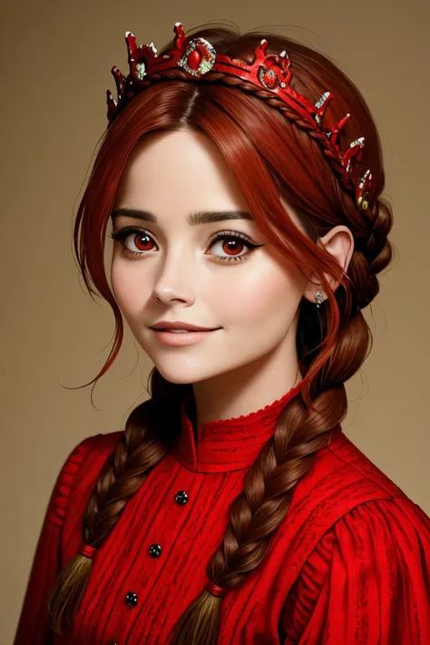 realistic photo of <lora:sd15_JennaColeman_locon_64_v1-000023:1> JennaColeman, focus on eyes, close up on face, huge smile, chili pepper color hair styled as Straight Braid Crown,