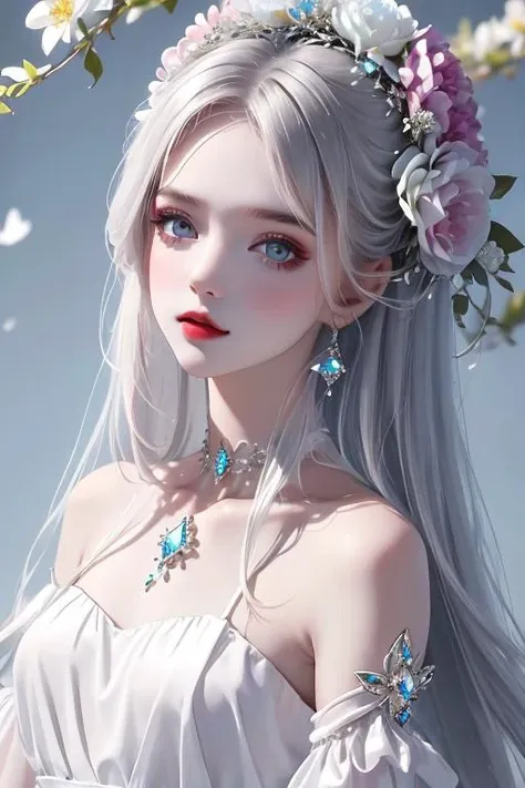flower, 1girl, white_flower, solo, jewelry, lily_\(flower\), hair_ornament, long_hair, hair_flower, upper_body, earrings, blue_eyes, bare_shoulders, dress, looking_at_viewer, beautiful girl