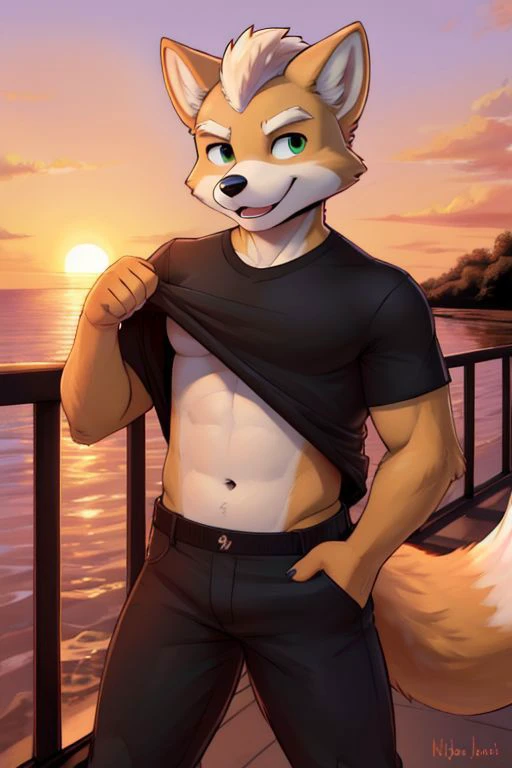 Furry Fox McCloud, black t-shirt, lifting up shirt, black pants, navel, carefree, happy, sunset, evening