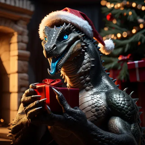 extremely detailed CG unity 8k wallpaper, realistic, masterpiece, highest quality, lens flare, (light sparkles), unreal engine, trending on ArtStation, Intricate, High Detail, dramatic, realism, beautiful and detailed lighting, shadows, anthro basilisk, (basilisk), detailed scales,realistic scales, solo,male,standing,looking excited,(happy), (black body), (silver belly), full body,snake tail,glowing blue eyes,slit pupils, looking at viewer,(wearing Santa Claus outfit),claws,blue eyes,digitigrade,claws,open mouth,glowing blue tongue,tongue out,forked tongue,blush,giving a Christmas present, basilisk giving a present to viewer, excited to give a present,