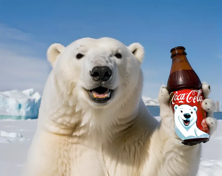 White Polar bear, artic, ice, snow, cold, smiling expressive, holding a bottle of Coca-Cola, polar bear cartoon on the bottle, <lora:FILM_PHOTOGRAPHY_STYLE:1> <lora:add-detail-xl:0.8> <lora:FF.102.colossusProjectXLSFW_49bExperimental.LORA:1> <lora:Harrlogos_v1.1:0.8> text logo
