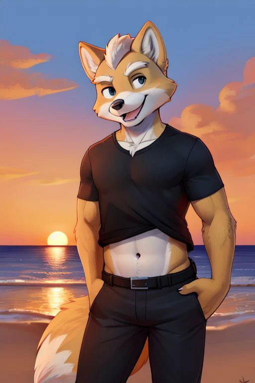 Furry Fox McCloud, black t-shirt, black pants, navel, carefree, happy, sunset, evening