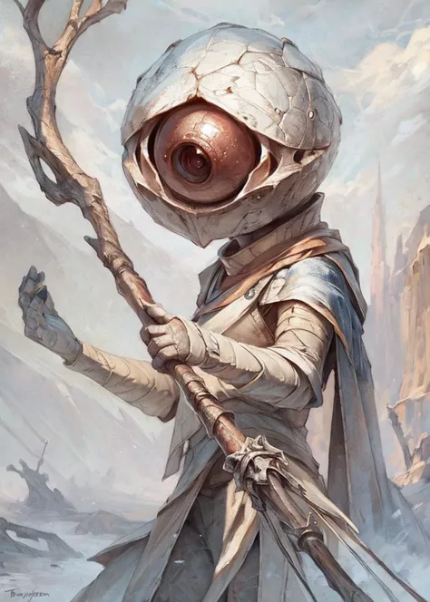 (Highest quality, incredible details, 8k, 4k, uhd:1.3, concept art, character design), by Pixelsketcher, by Bayard Wu, by Thomas Benjamin Kennington, by Einshelm, by reysi, BREAK {{{huge eyeball head, eyeball monster, eyelid}}}, huge staff