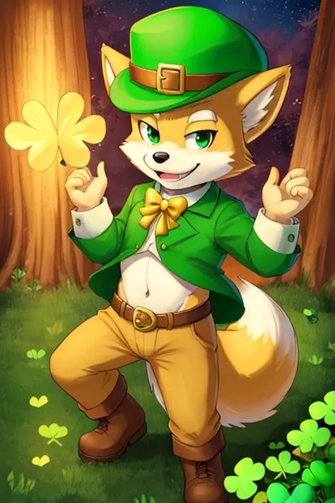 Furry Fox McCloud in leprechaun costume, wearing 4-leaf clover hat, navel, pot of gold