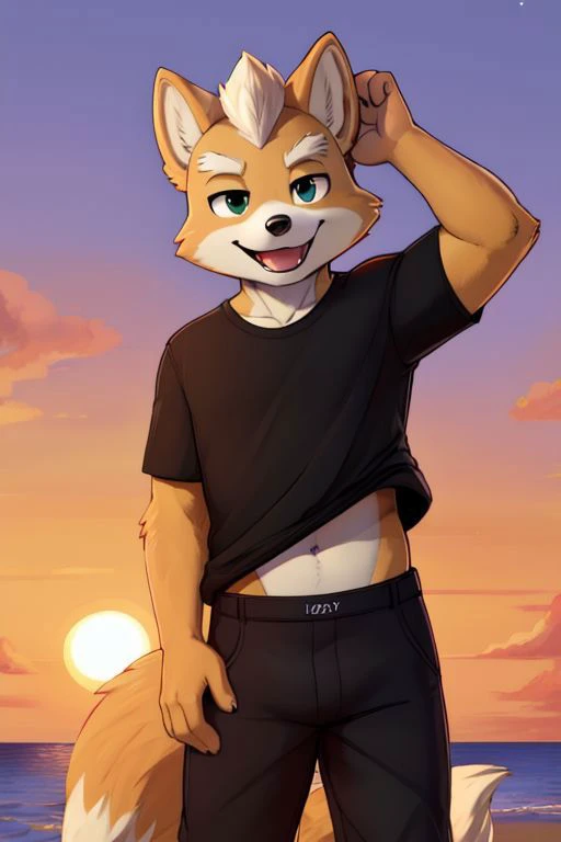 Furry Fox McCloud, black t-shirt, black pants, navel, carefree, happy, sunset, evening