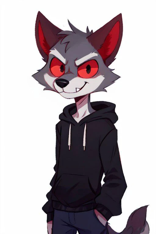 wolf, curved horns, red sclera, colored sclera, black eyes, white fur, front view, evil smile, face view, hoodie, tall and slender, male, solo, 1boy, white background, updn,