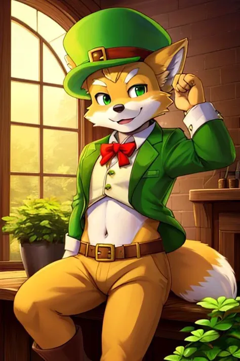 Furry Fox McCloud in leprechaun costume, wearing 4-leaf clover hat, navel, pot of gold