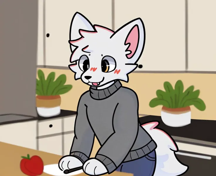 Furry, furry female, grey wolf, wearing a grey sweater, blue pants, in a kitchen eating a salad, HD, detailed, drawing, furry art, furaffinity,  <lora:fluffyrock-quality-tags-v2.1.1-vpred:0.8> best quality, high quality, normal quality, low quality, worst quality ,  <lora:BoyKisserFur V1:0.8> BoyKisserFur