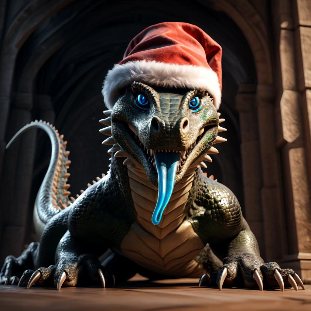 extremely detailed CG unity 8k wallpaper, realistic, masterpiece, highest quality, lens flare, (light sparkles), unreal engine, trending on ArtStation, Intricate, High Detail, dramatic, realism, beautiful and detailed lighting, shadows, anthro basilisk, (basilisk), detailed scales,realistic scales, solo,male,standing,looking excited,(happy), (black body), (silver belly), full body,snake tail,glowing blue eyes,slit pupils, looking at viewer,(wearing Santa Claus outfit),claws,blue eyes,digitigrade,claws,open mouth,glowing blue tongue,tongue out,forked tongue,blush,giving a Christmas present, basilisk giving a present to viewer, excited to give a present,