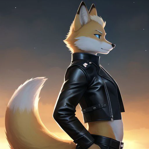 realistic, ubbp, fur, high quality, ultra contemplative setting, Fox McCloud in leather [male], solo, cropped black leather jacket, gorgeous stomach, realistic blue eyes, fit and lean body, high resolution, tight leather pants, side view, foggy, afternoon, dark sky, castle in the background, seductive look, cute butt, combed hair, fox tail