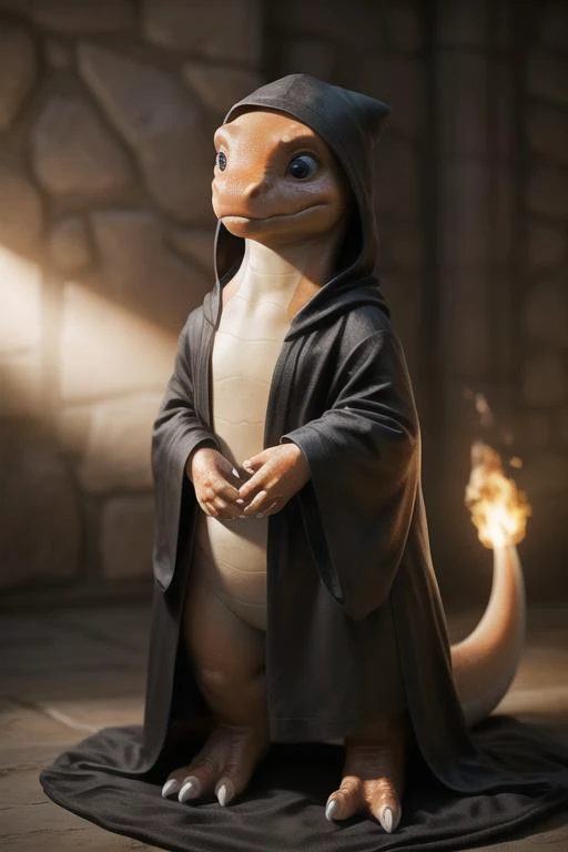 real e621, photorealistic, masterpiece, very bright lighting and bright composition, full body, scalie, charmander, cultist, black hooded robe, cute