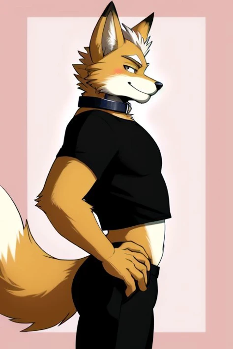 Ultra-high quality, anime, Fox McCloud, solo, male, happy, romantic, solo, cropped black t-shirt, dog collar, whiskers, black pants , side view, navel, butt, tilting hip, seductive look, bwu