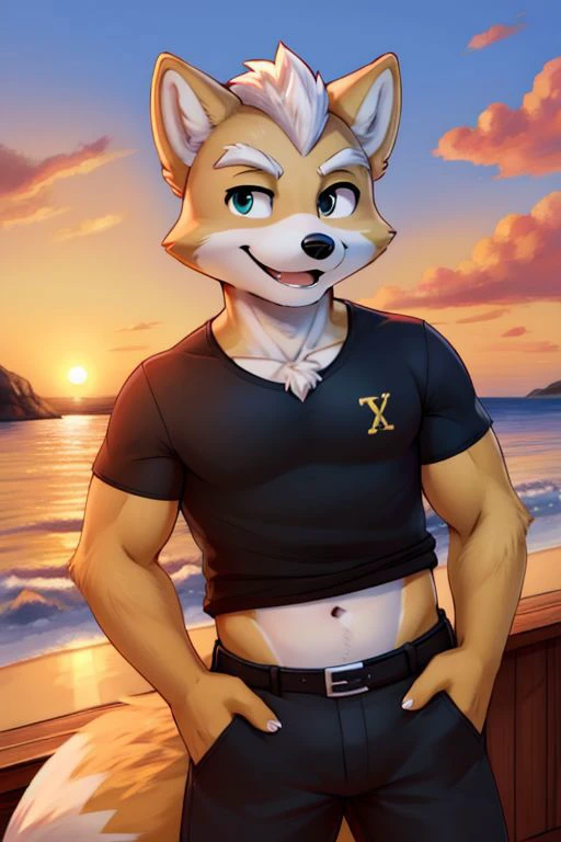 Furry Fox McCloud, black t-shirt, black pants, navel, carefree, happy, sunset, evening