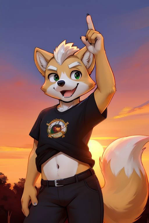 Furry Fox McCloud, black t-shirt, black pants, navel, carefree, happy, sunset, evening