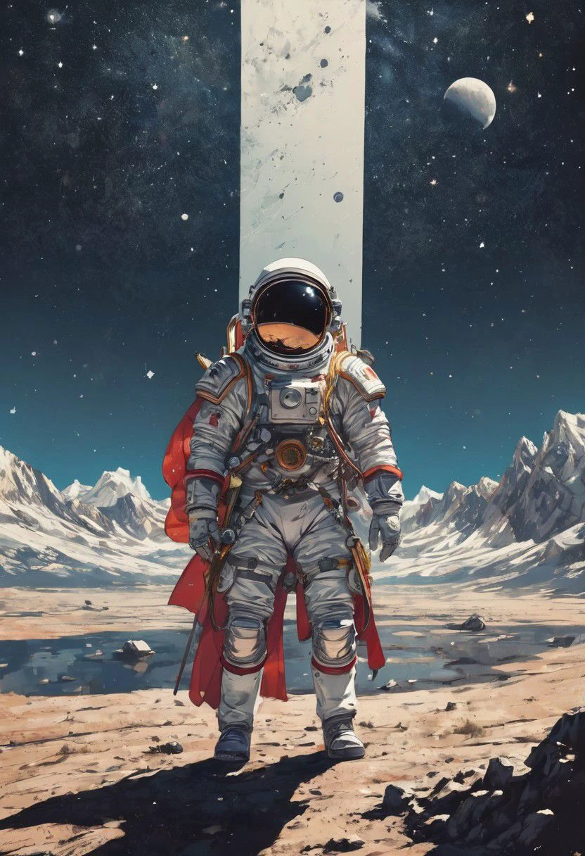 ink illustration, wide angle, ink splash, stars, brutal bright lines on background,
space suit like kimono, space suit like samurais armor,
lone cosmonaut with fantasy sword and banner ((floating in deep emptiness of open space)),