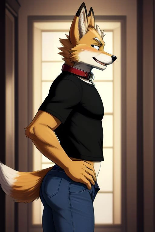 Ultra-high quality, anime, Fox McCloud, solo, male, happy, romantic, solo, cropped black t-shirt, dog collar, whiskers, jeans sliding down, side view, navel, butt, tilting hip, seductive look, bwu