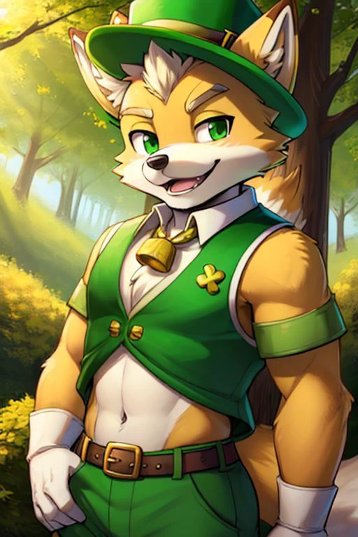 Furry Fox McCloud in leprechaun costume, wearing 4-leaf clover hat, navel, pot of gold