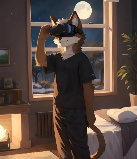 Bedroom, night time, furry, Grey & brown fluffy cat , wearing a black tshirt and white pants, pajamas, wearing a Meta Quest VR headset on it's face, standing in the middle of the room, VR controllers in hand, furry art, furaffinity, trending on furaffinity, HD, 4k, detailed, highres, masterpiece, window, moon, trees, animal hands, cat paws up in the air