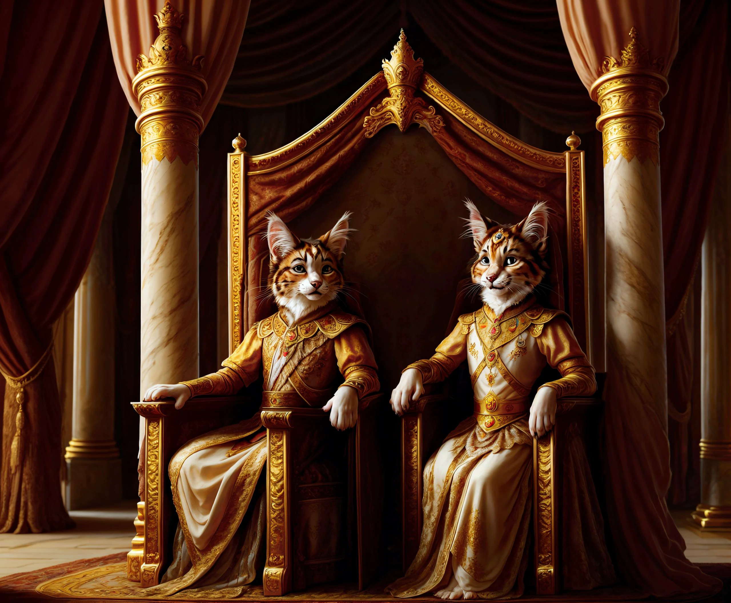 Furry, royal king and queen, siberian forest cats, sitting on thrones, interior of palace, European, clothed in royal outfit, HD, detailed, masterpiece, high quality, best quality, <lora:Furtastic_Detailer:0.8>