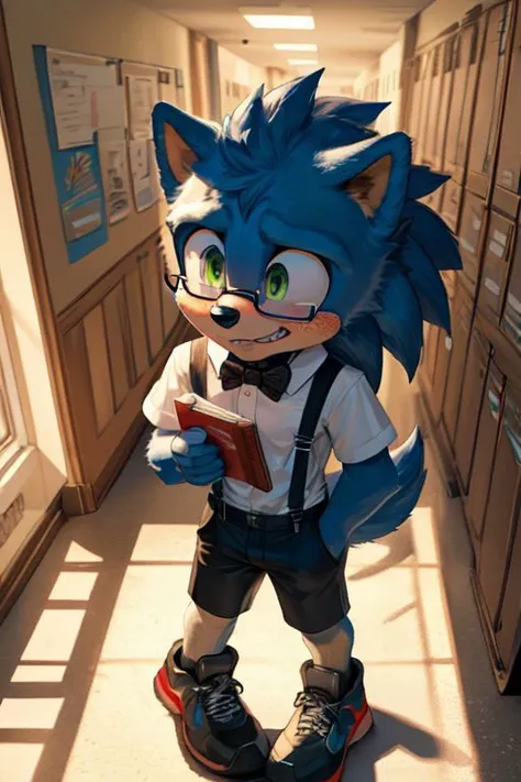 (nerdy, dork, nerd:1.3), masterpiece, best quality, best quality, anthro, (buckteeth:1.5), braces, sonic_the_hedgehog, sonic the hedgehog, green eyes, blue fur, nervous smile, (freckles:1.2), acne, blush, skinny, petite, tiny waist, submissive, aged down, short sleeves, suspenders, bowtie, high-waisted pants, holding book, shy, (nerdy glasses:1.1), oversized sneakers, inside, school, hallway, lockers, detailed face, detailed eyes, short, tail, masterpiece, extreme detail, chibi, bulge, high-angle view, looking up