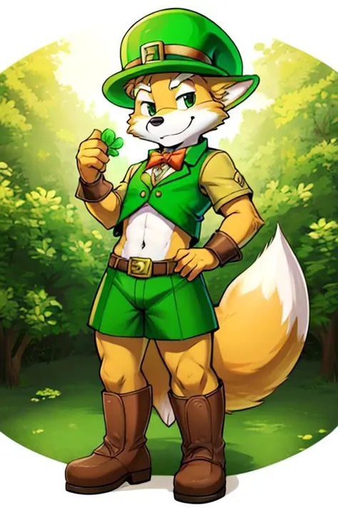 Furry Fox McCloud in leprechaun costume, wearing 4-leaf clover hat, navel, pot of gold