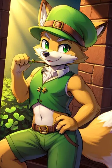 Furry Fox McCloud in leprechaun costume, wearing 4-leaf clover hat, navel, pot of gold