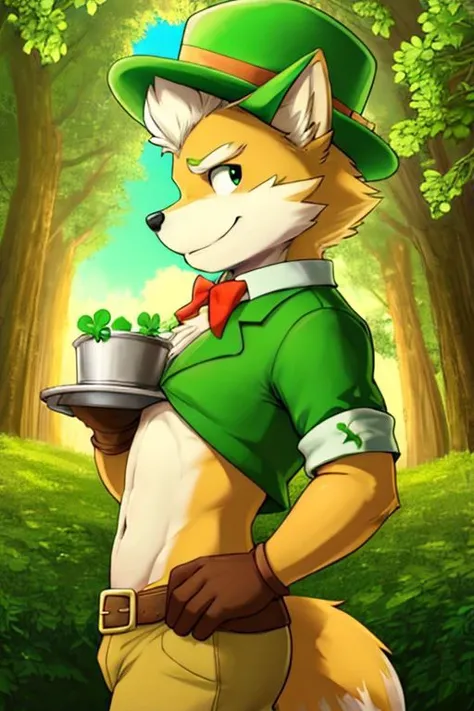 Furry Fox McCloud in leprechaun costume, wearing 4-leaf clover hat, navel, side view, pot of gold