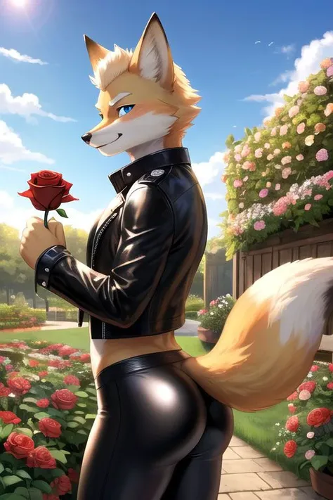 realistic, ubbp, fur, high quality, ultra romantic setting, many flowers, Fox McCloud in leather [male], solo, cropped black leather jacket, jacket closed, [stomach focus], gorgeous stomach, realistic blue eyes, fit and lean body, high resolution, tight leather pants, side view, sunny, afternoon, clear sky, flourishing garden, seductive look, cute butt, holding rose, blushed cheeks, combed hair, fox tail