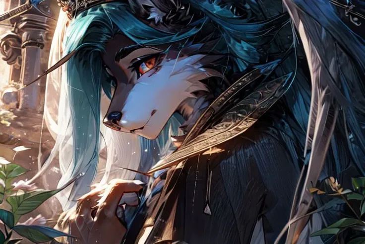 8k, UHD, ((detailed eyes, <lora:EyesGen:0.6>,<lora:add_detail:0.0>, detailed face)), Her beautiful body seamlessly combines the majestic attributes of a wolf into a humanoid form. Adorned with a two-tone black and white fur. She has long flowing blue hair. She is extending her large black feathery wings,