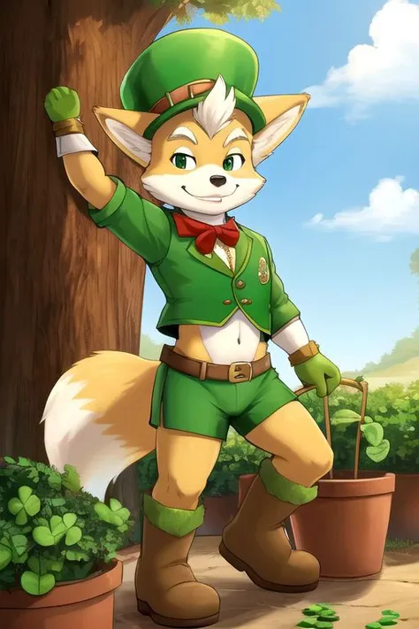 Furry Fox McCloud in leprechaun costume, wearing 4-leaf clover hat, navel, pot of gold